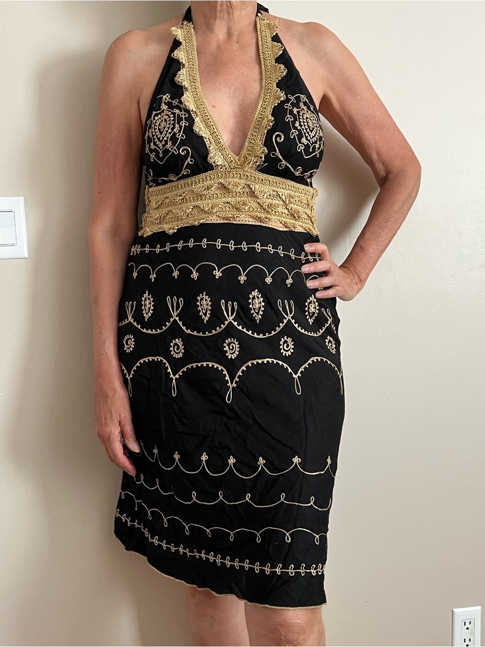 VENUS Black Halter Dress with Gold Embroidery